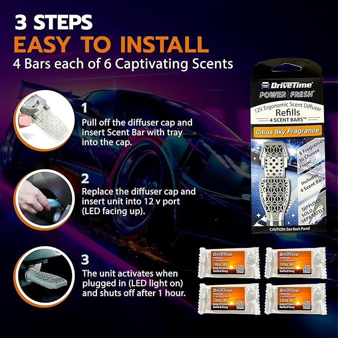 Drive Time Power Fresh 12-Volt Car Plug-In Air Fresheners – Refill Scent Bars for Vehicles Aroma Fresheners and Car Refreshing Scents – Includes 6 Long-Lasting Refills – Compact Size