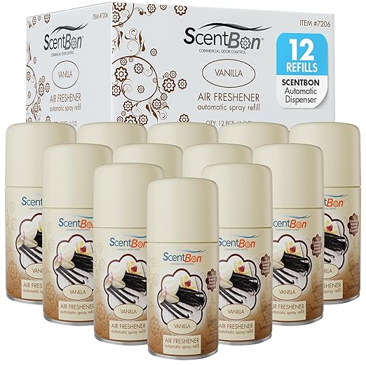 Metered Air Freshener Refills for Aerosol Dispenser – Vanilla Scent – 6.2 oz – 12 Pack – Automatic Air Freshener Spray Refill – Commercial Aerosol Deodorizer for Office Bathroom Gym Businesses