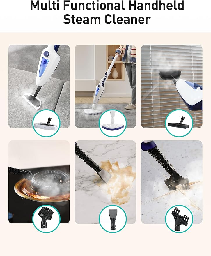 12-in-1 Steam Mop Fast 15-Sec Heat-Up 1500W Detachable Handheld Steam Cleaner with 2 Dirt Grip Pads Removes 99.99% Stubborn Stains for Hardwood Floors Clothes Windows Tiles Furniture White