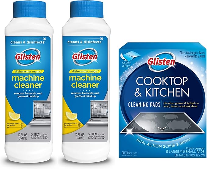 Glisten Dishwasher Magic Machine Cleaner &amp Disinfectant 2-Pack and Cooktop &amp Kitchen Cleaning Pads