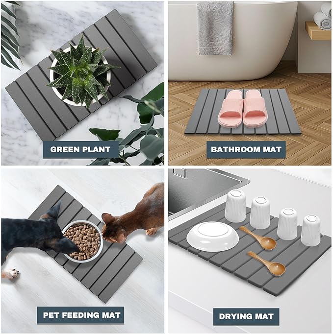Large Stone Dish Drying Mats for Kitchen Counter  Quick Dry Absorbent Collapsible Dish Drying Mat With Rubber Sole 23.4”(L)x15.4”(W) Diatomaceous Earth Mats for Dishes Bottles Cups