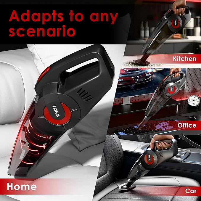 whall Handheld Cordless Car Vacuums Wet and Dry Use 9000Pa Strong Suction Vacuums Rechargeable Portable Vacuum Cleaner with LED Charging Dock Lightweight Mini Vacuum for Car Home and Office Red