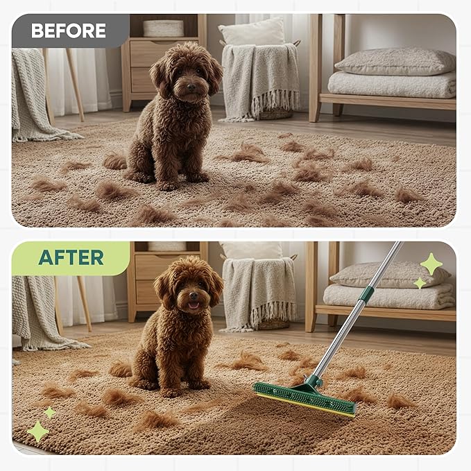 Carpet Rake for Pet Hair Removal 60” Long Handle – Heavy-Duty Pet Hair Remover for Carpets Rugs &amp Mats Cat Dog Fur Rakes Scraper Carpet Broom for Carpets with Copper Teeths