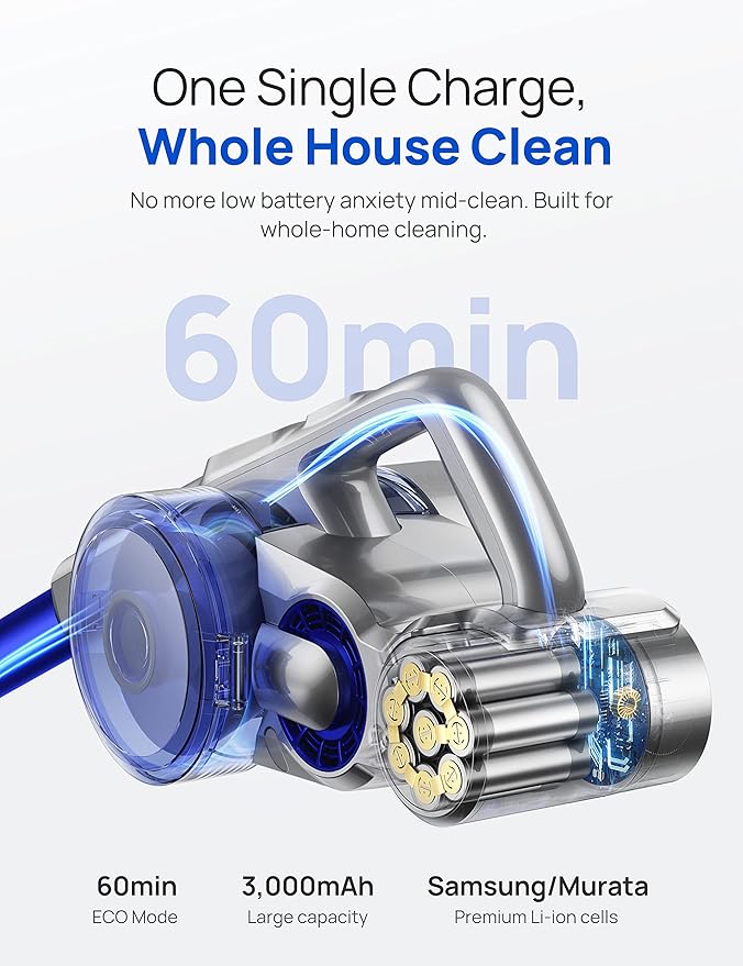 Dreo Cordless Vacuum Cleaner for Home 25kPa 550W Strong Suction 3000mAh Detachable Battery Up to 60 Mins Handheld/Stick Vacuum with Headlights Tools for Car Pet Hair Carpets Hard Floors
