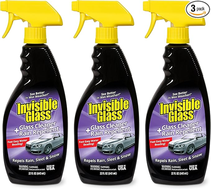 Invisible Glass 92184-3PK Glass Cleaner + Rain Repellent 2-in-1 Windshield and Window Spray Cleans Auto Glass Repels Rain Sleet Snow Improves Wet Weather Visibility – 22 fl oz (Pack of 3)