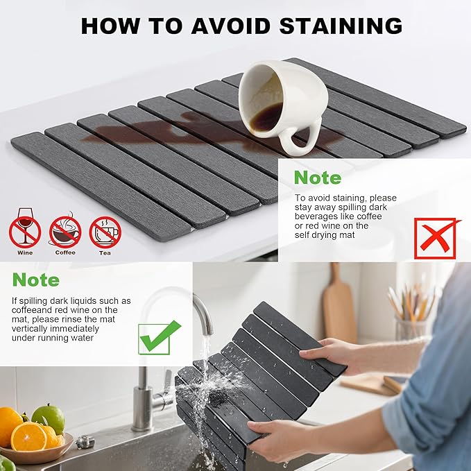 Stone Dish Drying Mat for Kitchen Counter - 24 x 16 Ultra Absorbent Diatomaceous Earth Mat Fast Drying &amp Foldable Countertop Protector Non-Slip Eco-Friendly Stone Mat for Dishes