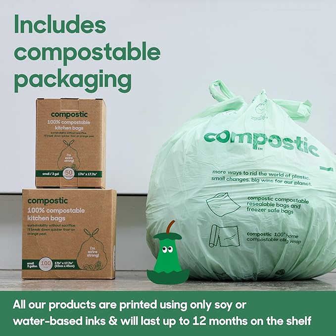 Compostic Home Compostable Trash Bags 2.99 Gallon Small Kitchen Rubbish Bags Extra Strong &amp Quickly Breaks Down 100 Count