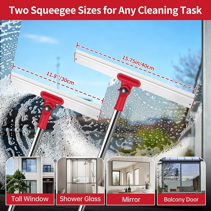 Window Cleaner Tool Set 86.6'' Window Washing Kit with 6-Section Extension Pole Window Cleaning Tool with 2 Sizes of Rubber Squeegees Window Squeegee for Home Car Glass Window Cleaning