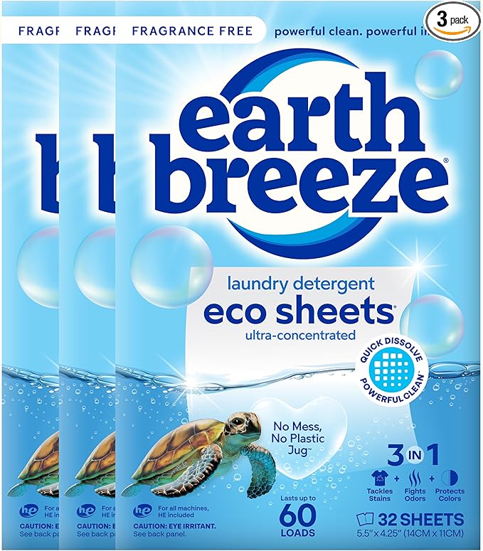 Earth Breeze Laundry Detergent Sheets Fragrance-Free - 180 Loads Eco Liquidless Soap - Travel-Friendly for Hot &amp Cold Cycles Tackles Tough Stains &amp Odors - Gentle on Sensitive Skin 90 Ct (3