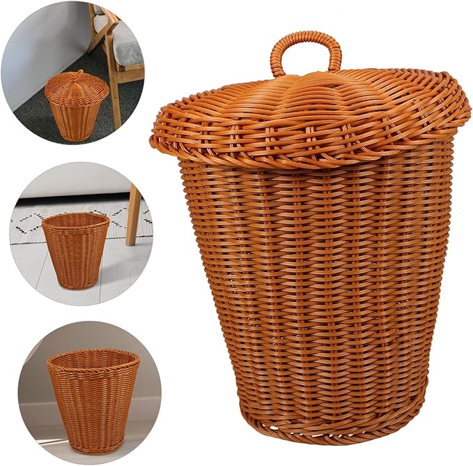 Imitation Rattan Woven Trash Can with Lid Lightweight Rustic Storage Basket for Living Room Bedroom Office and Portable Wastebasket for Sundries Organization