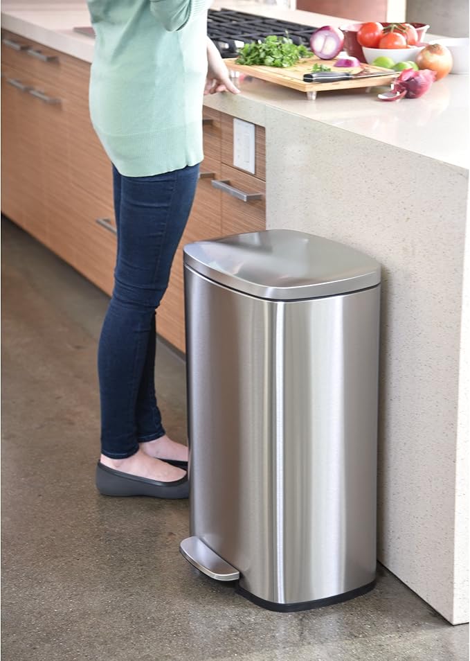 iTouchless SoftStep 13 Gallon Kitchen Trash Can with Lid and Odor Filter Stainless Steel 50 Liter Recycling Bin for Home Office Bedroom Garage Living Room Bathroom Silent Lid Close Slim Wastebasket
