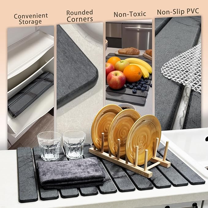 Large Stone Dish Drying Mat for Kitchen Counter Collapsible Marbled Quick-Dry Diatomaceous Earth Mat with Dish Rack and Towel Versatile Drying Mats for Kitchen Utensils (Dark Gray 23.6×15.4)