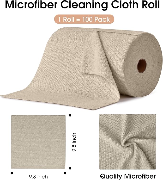 KitchLife Microfiber Cleaning Cloth Roll 100 Pack - Tear-Away Microfiber Paper Towels Lint-Free Reusable Washable for Kitchen Car Dishes and Sensitive Surfaces (Sand Beige)