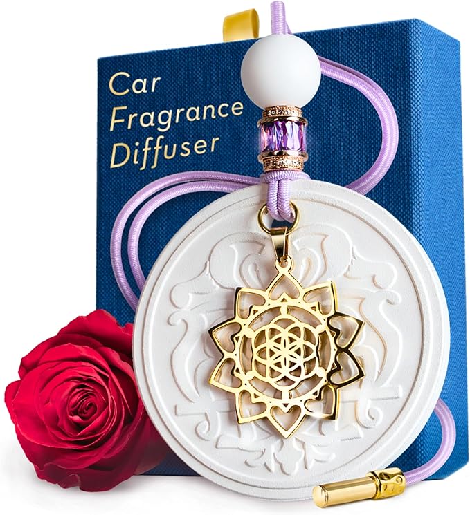 Luxury Car Air Freshener for Women - Refillable &amp Portable Essential Oil Fragrance Diffuser - Cute Car Accessories &amp Interior Decor - Mirror Hanging or Vent Clips - Mandala Gold Charm Rose Sc