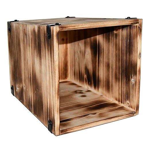 Owlgift Decorative Rustic Burnt Wood Trash Can Farmhouse Stylish Wooden Waste Basket Near Desk Square Garbage Cans Trashcan with Metal Brackets for Office Bedroom &amp Bathroom