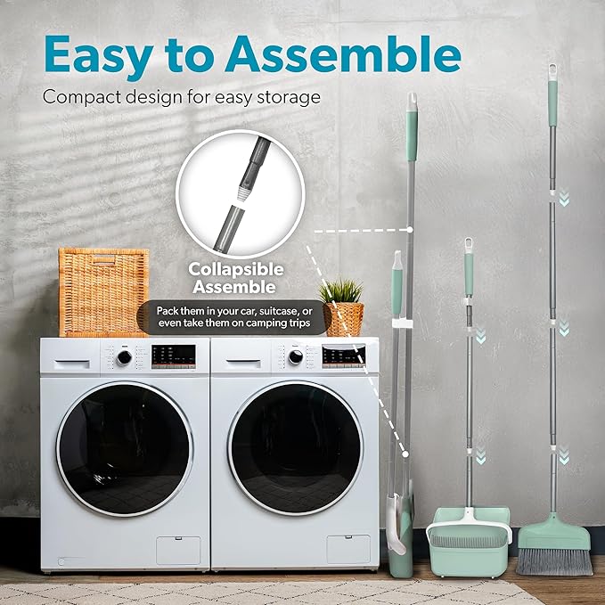BLACK+DECKER Butler Broom &amp Dustpan Set - Short Handle Stand-Up Design - Lightweight Space-Saving Combo for Kitchen Living Room Bathroom Lobby Floors - Home Cleaning Essential Teal/Grey