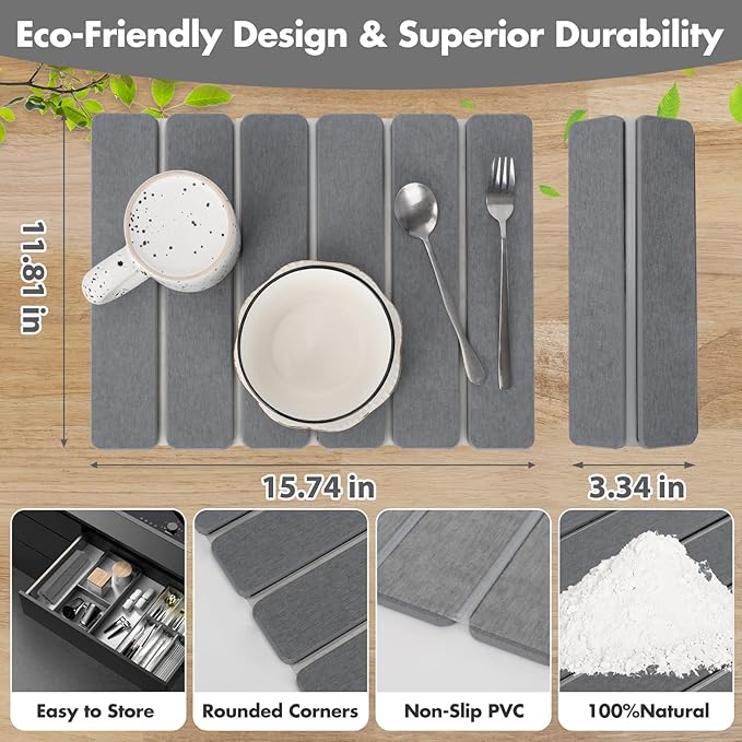 Stone Dish Drying Mat for Kitchen Counter Eco-friendly Instant Drying PadDiatomaceous Earth Water Absorbing Mat Foldable and Super Absorbent Dish Drying Stone Mat 16×12 Dark Gray