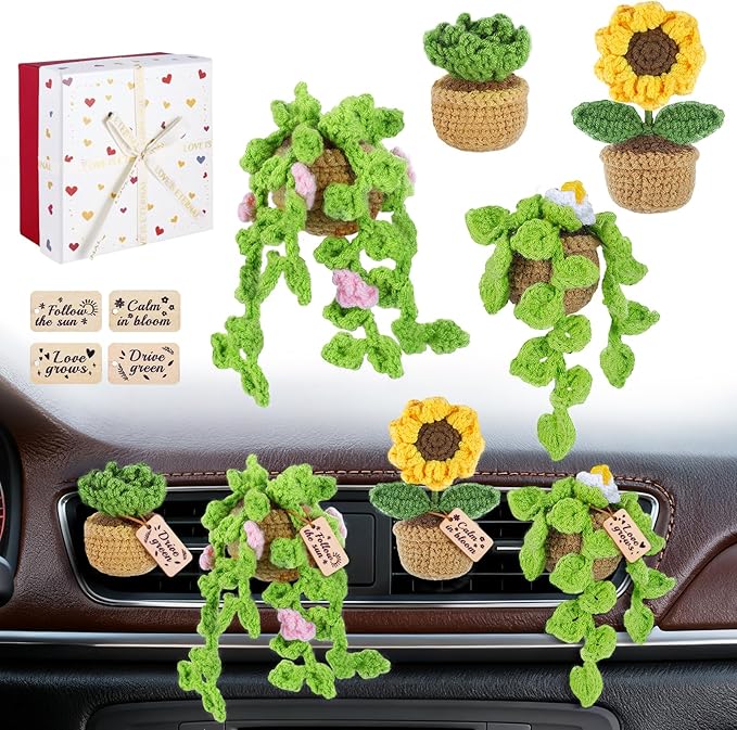 4 Pcs Crochet Plant Vent Clips for CarHandmade Mini Plant Car Air Fresheners with Inspirational CardsSucculent Sunflower Potted Plants Car Vent Clips Xmas Crochet Gift for Plants Lover with Gift Box