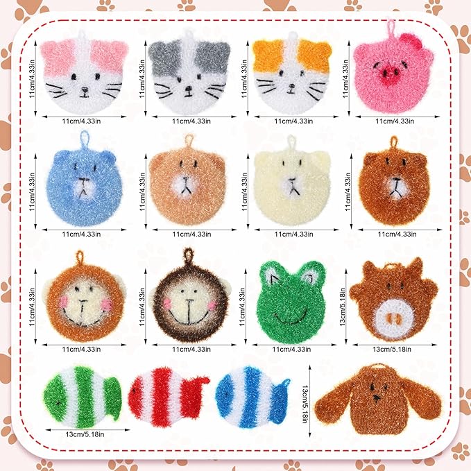 Mifoci 16 Pcs Animal Dish Scrubber Non Scratch Scrubbies for Dishes Double Layered Dish Washing Sponge Reusable Kitchen Scrubbers for Dishwashing Cleaning Dishes Cookware Tubs Sinks Bathroom