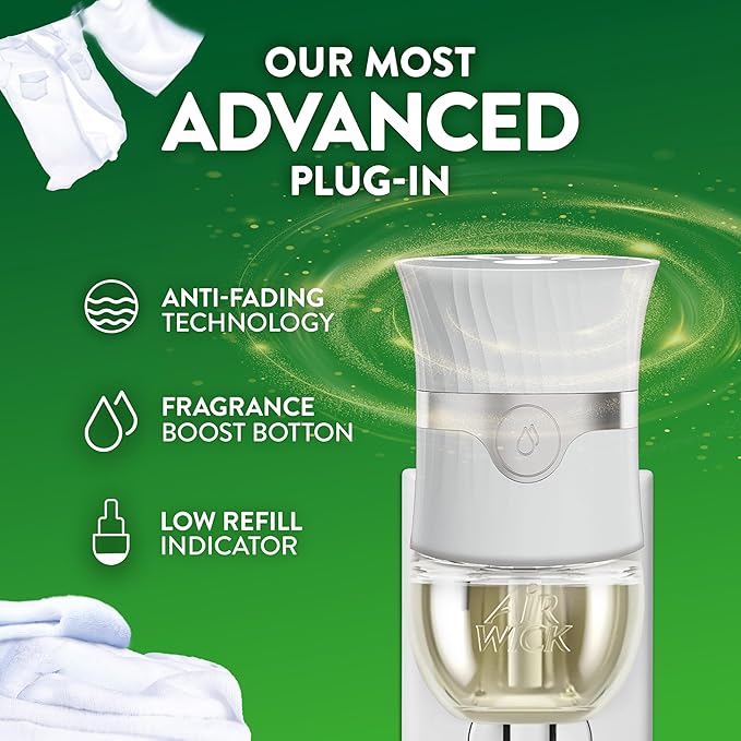 Air Wick Plug in Scented Oil Starter Kit 2 Warmers + 6 Refills Fresh Linen Same Familiar Smell of Fresh Laundry Eco Friendly Essential Oils Air Freshener