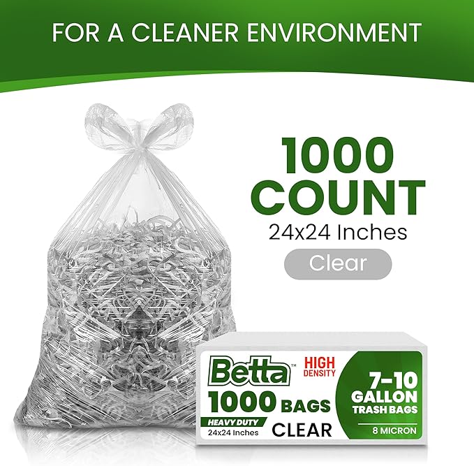 Betta 8-10 Gallon Medium Trash Bags Clear 1000 Count Box (24x24-inch) Commercial Office Wastebasket Garbage Can Liners 7-10 Gallon Round Cans 6-8 Gallon Slim and Square Cans