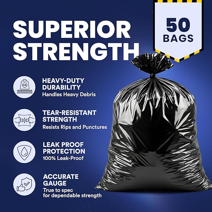 Plasticplace Contractor Trash Bags 40-45 Gallon │ 3.0 Mil │ Black Heavy Duty Garbage Bag │ 40” x 48” (50 Count)