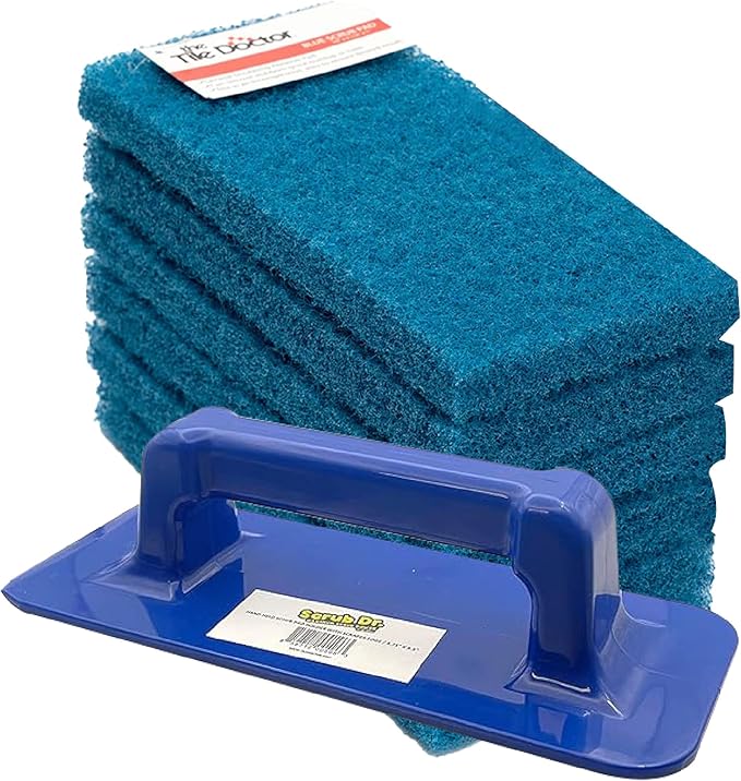 Scrub Doctor 6-Pack of 10 x 4.5 x 1 in. Large Blue Scrub Pads and Scrub Pad Holder Scrub-HLD-L-BLU-6 All-Purpose Kitchen Scrub Pads for Dishes Porcelain Sinks Tile Metal Wheels Tires and Boats