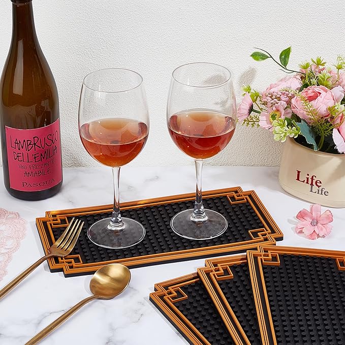 4Pcs 12x6 Inch Bar Mat Non Slip Coffee Bar Mats with Gold Border Cocktail Service Coffee Mats CounterTop Dish Drying Mat for Home Spills Restaurants Counter Whiskey and Espresso