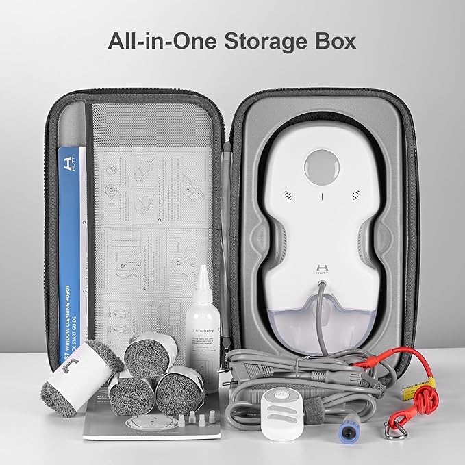 HUTT S7 Window Cleaning Robot 6500Pa Suction 3D Floating Chassis HydroJet Water Spray 80ml Tank Multiple Safety Systems SLAM 4.0 Navigation 8 x Cloths All-in-One Storage Box