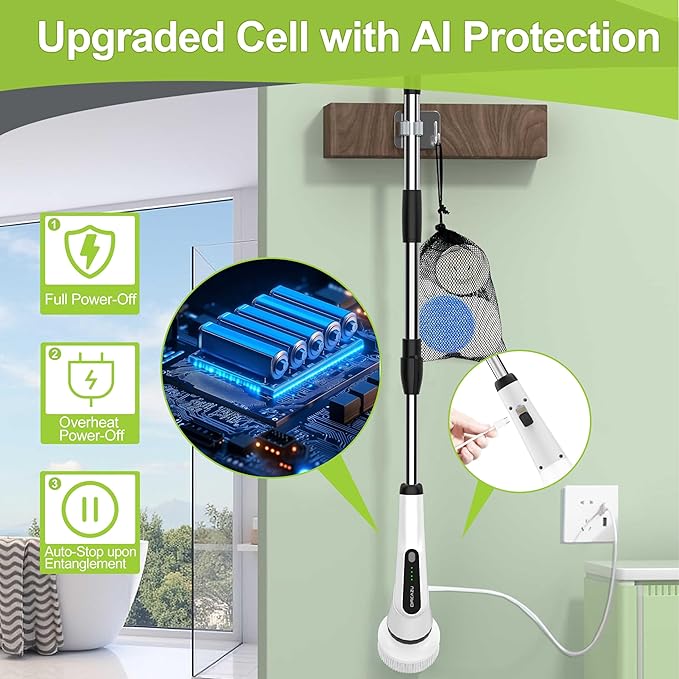 WKY-Electric Spin Scrubber - Upgraded 12-in-1 IPX7 Waterproof Shower Scrubber Retractable Handle &amp 2-Speed for Toilet Bathroom Bathtub Tile Floors