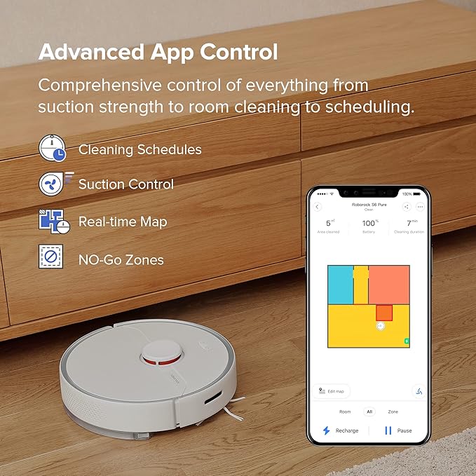 roborock S6 Pure Robot Vacuum and Mop Multi-Floor Mapping Lidar Navigation No-go Zones Selective Room Cleaning Super Strong Suction Robotic Vacuum Cleaner Wi-Fi Connected Alexa Voice Control