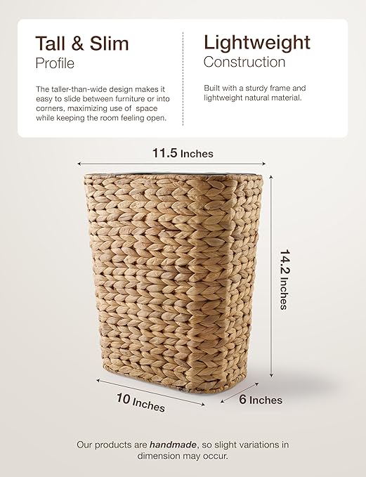 3 GALLONS Wicker Waste Basket - Wicker Trash Can with Lid - Water Hyacinth Bathroom Garbage Can with a Lid - Bathroom Trash Can Boho Style - Removable Liner Iron Frame (Natural 3 Gallons)