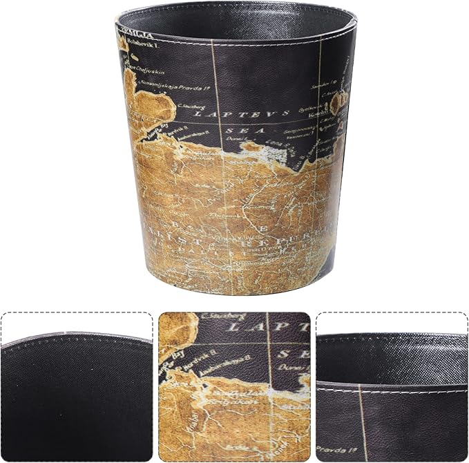 Vintage Leather Trash Can Retro World Map Trash Can Decorative Round Garbage Container Toillet Paper Bin for Bathroom Bedroom Kitchen Office