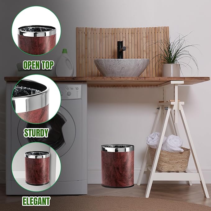 'Invisi-Overlap' Open top Leatherette Trash Can Small Office Wastebasket Modern Home Décor Round Shape (Burgundy)