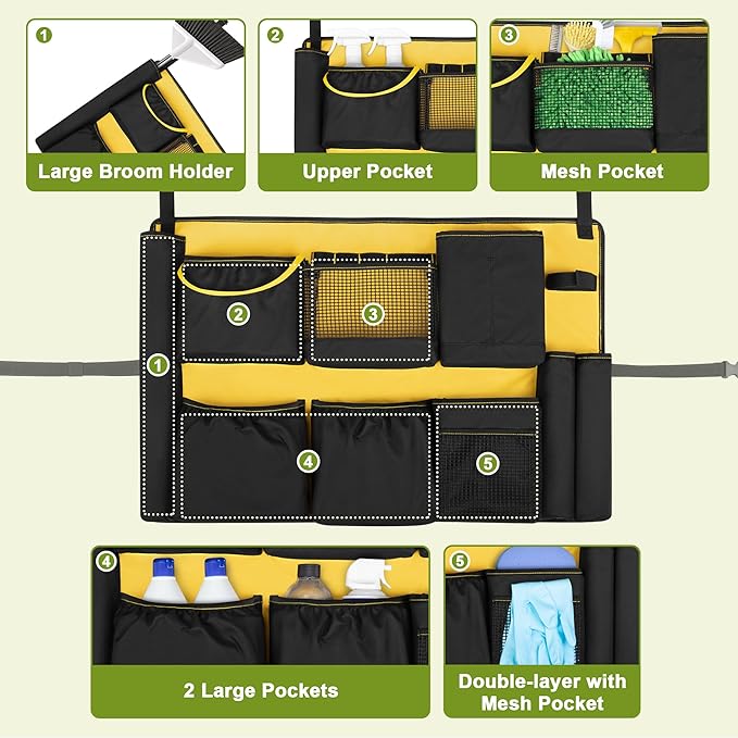 32-55 Gallon Trash Can Caddy Bag Garbage Bin Apron Caddy with Multiple Pockets for Cleaning Supplies Cleaning Tool Organizer with Adjustable Buckle for Janitorial Trash Can Black+Yellow