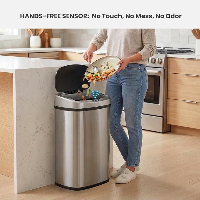 iTouchless 13 Gallon Oval Sensor Trash Can with Odor Filter Fingerprint-Proof Stainless Steel 50 Liter Automatic Kitchen Garbage Bin Smart Hands-Free Motion Lid Quiet Soft-Close Brushed Silver