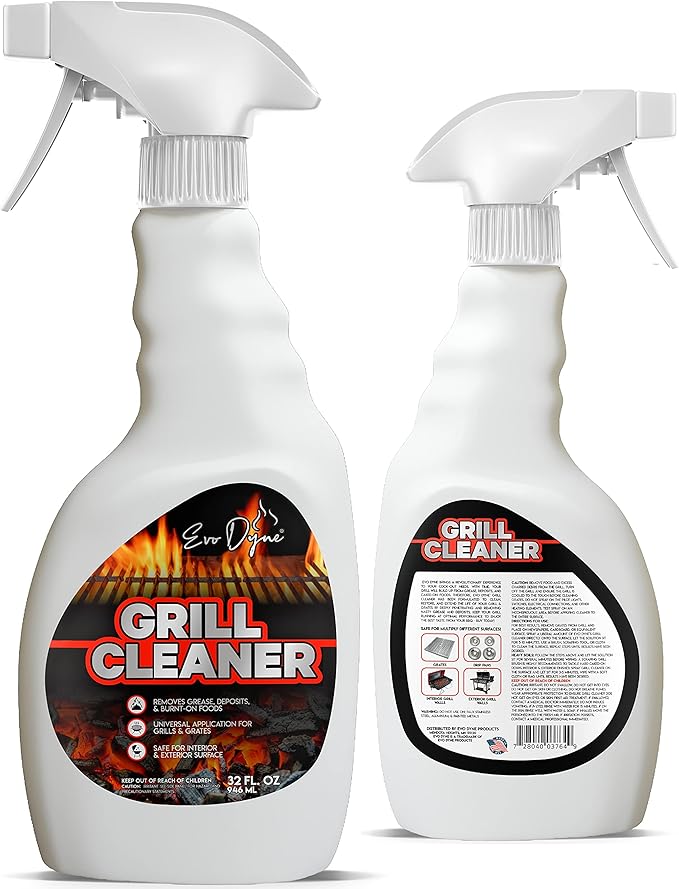 Evo Dyne Grill Cleaner Spray (32 oz) Made in USA - Quickly Cleans BBQ Burnt-on Foods and Grease from Grill Grates - Heavy Duty Fast-Acting Formula Less Scrubbing - Food Safe Grill &amp Oven Degrea