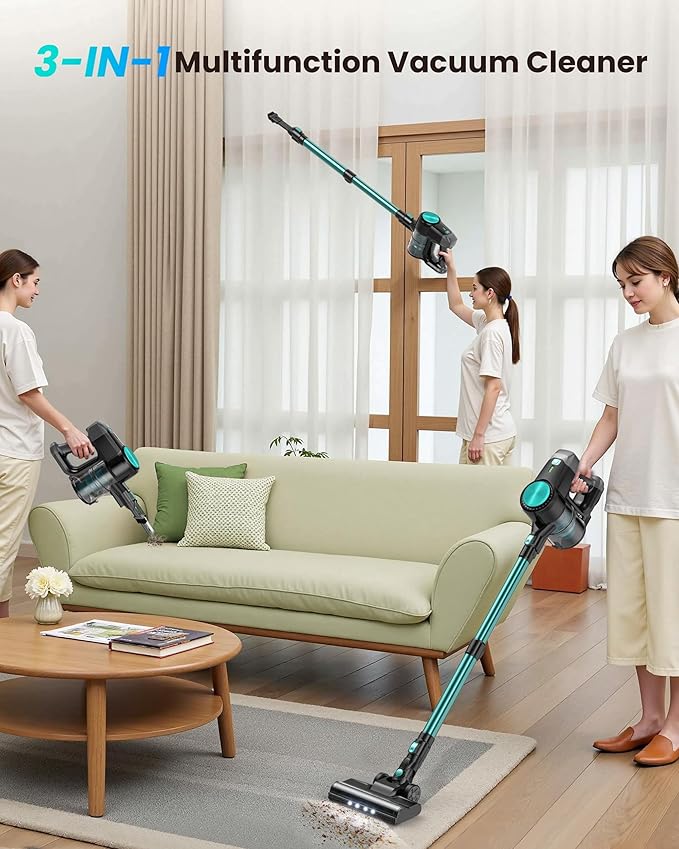 N3T Cordless Vacuum CleanerWireless Stick Vacuum with 40mins RuntimeSelf-StandingAnti-Tangle BrushRechargeable Lightweight Vacuum Cleaner for HomeHardwood FloorPet Hair Carpet-Cyan Green