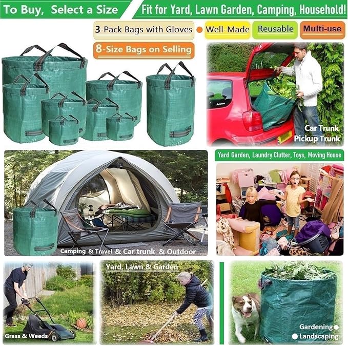 Professional 3-Pack 72 Gallon Big Lawn Garden Bags (D26H30 in) Reusable Yard Waste Bags with Gardening Gloves for PruningLeaf BagYard DebrisLawn WeedsGrass ClippingsHedge Trimmings Bag 4 Handles
