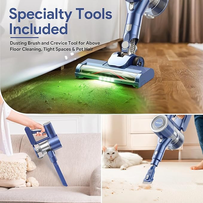 Cordless Vacuum Cleaner 35 Kpa Powerful Suction Lightweight Stick Vacuum CleanerGreen LED Lights Reveal Invisible Dust Detachable Battery 6 In 1 Handheld Vacuum For Home Hard Floor Carpet Pet Hair