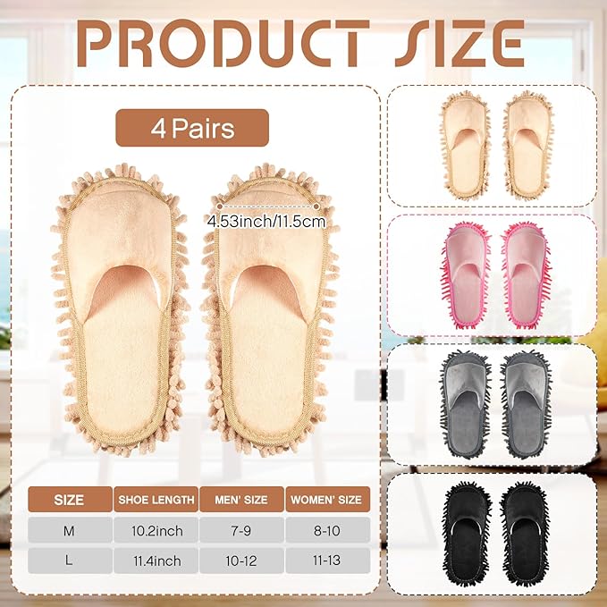 Jecery 4 Pair Washable Microfiber Mop Slippers Detachable Dusting Shoes for Floor Cleaning Office &amp Home Use Suitable for Women &amp Men(Black Beige Pink GrayM Size)