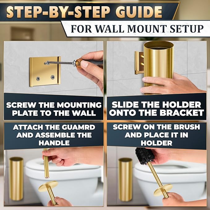 Gold Toilet Brush and Holder Set with Wall Mount - Modern Wall Mounted Toilet Brush Made from Corrosion-Resistant Stainless Steel - Removable Inner Bowl Splash Protection &amp Dense Bristles Supplie