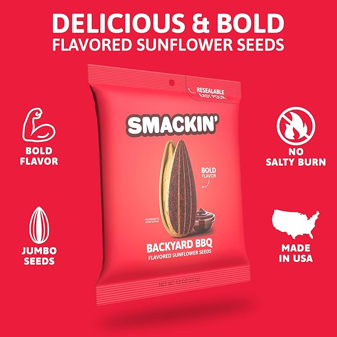 SMACKIN' - Jumbo Roasted Sunflower Seeds No Salty Burn American Made Easy Pour &amp Seal - Backyard BBQ 4oz bag (12 Bags)