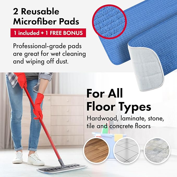 Tyroler Microfiber Floor Mop 100% Silicone Won't Scratch Furniture. Long Aluminum Anti-Rust Handle Fit to Hardwood Walls Laminate Parquet &amp Tile - 2 Free Microfiber Pads (Dark Gray)