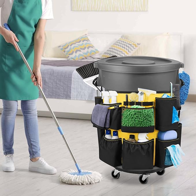32-55 Gallon Trash Can Caddy Bag Garbage Bin Apron Caddy with Multiple Pockets for Cleaning Supplies Cleaning Tool Organizer with Adjustable Buckle for Janitorial Trash Can Black+Yellow
