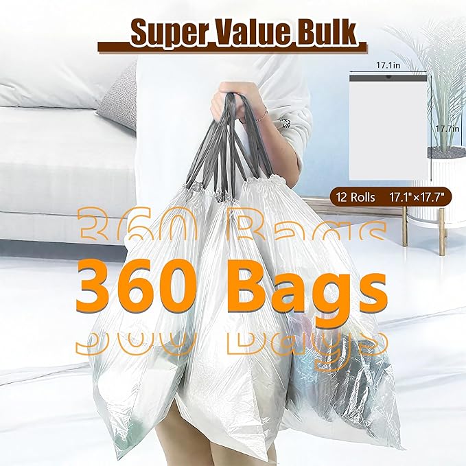 2.6 Gallon Mini Drawstring Trash Bags 360 Count 1.2 Mil Thick Small Garbage Bags by WOWSOLID Fit Liners 7.5-10 Liter 2-3 Gal Trash Can Bin for Bathroom Kitchen Bedroom Office