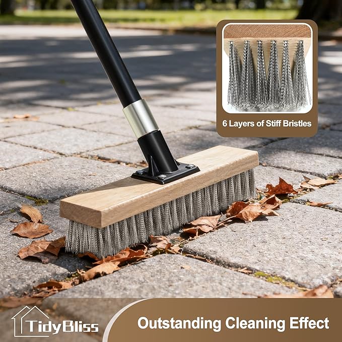 Stainless Steel Wire Scrub Brush with Long Handle Heavy Duty Stiff Metal Broom Scrubber Outdoor Moss Removal for Concrete Floor Deck Garden Patio Roof Brick Garage Swimming Pool
