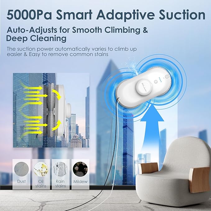 Window Cleaning Robot 5000Pa Suction Dual Spray AI Smart Path Planning Wet and Dry Glass Cleaner with Edge Detection and Anti-Drop Protection for High-Rise Windows (White)
