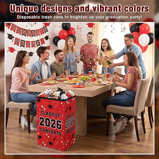 Tinlade 6 Pack 2026 Red and Black Graduation Decorations 13 Gallon Disposable Trash Cans Class of 2026 Party Garbage Bins Large Waterproof Foldable Recycle Pop up Bins for Graduation Party School