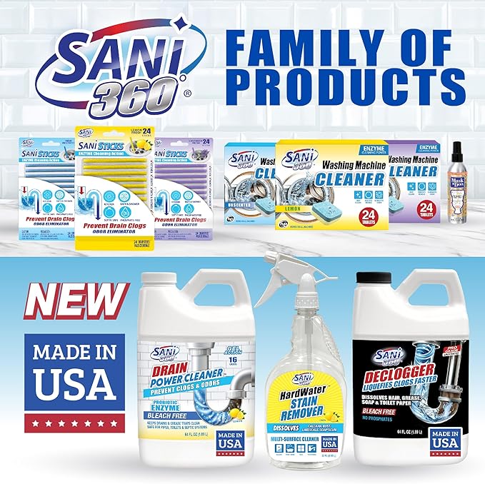 Sani 360 Drain Power Cleaner and Maintenance Enzyme Probiotic Odor remover Drain and Garbage Disposal Cleaner Flush Away Grease Soap Scum Lemon scent Septic safe. 16 uses Made in the USA